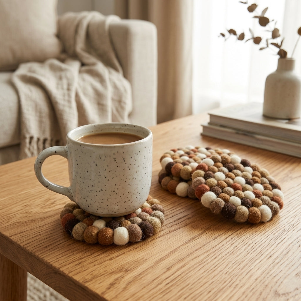 Mug with a textured handle on a wooden table with decorative coasters.