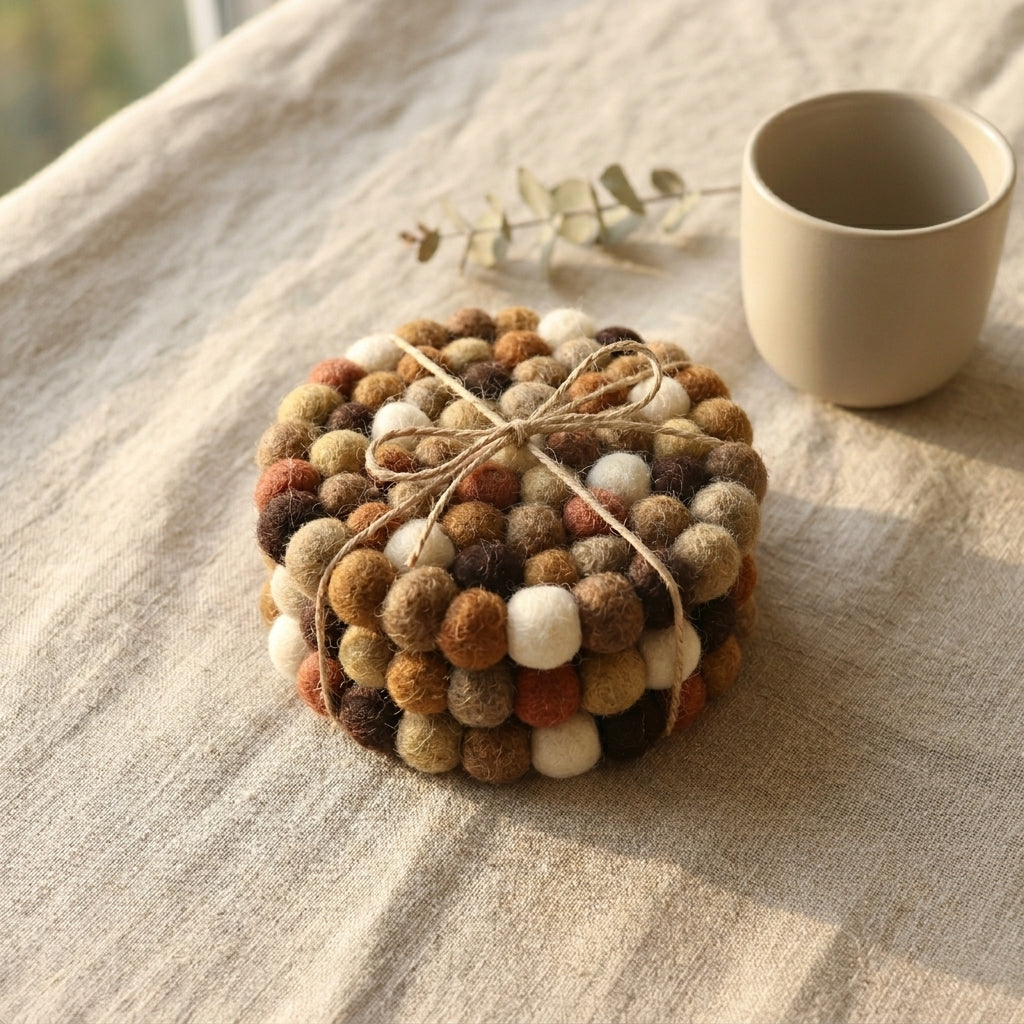 Round woven coaster with multicolored balls on a textured surface with a cup in the background