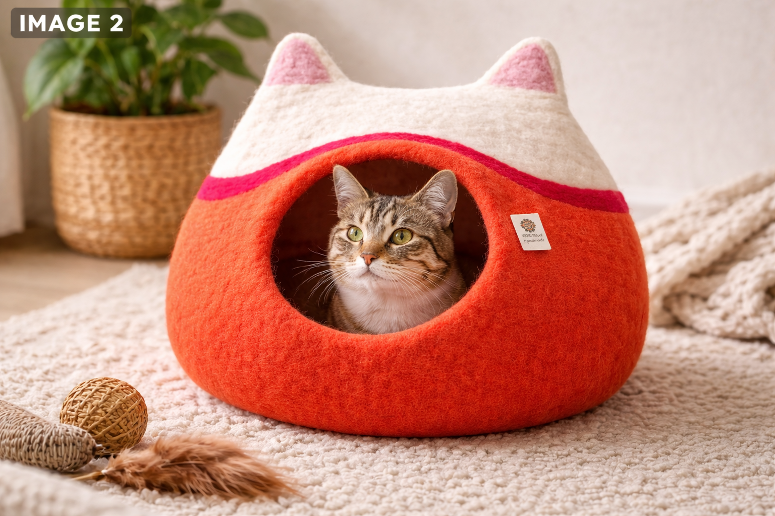Cat lying inside a red and white cat-shaped bed on a soft surface with a plant in the background.