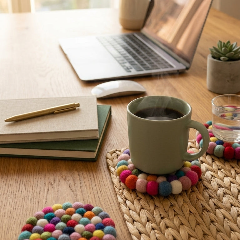 Desk setup with laptop, mug, and Confetti Mix multi wool felt coasters handmade in Nepal, colourful absorbent non-scratch drink coasters for wooden tables, host gifts, housewarming gifts and stocking fillers on a wooden surface.