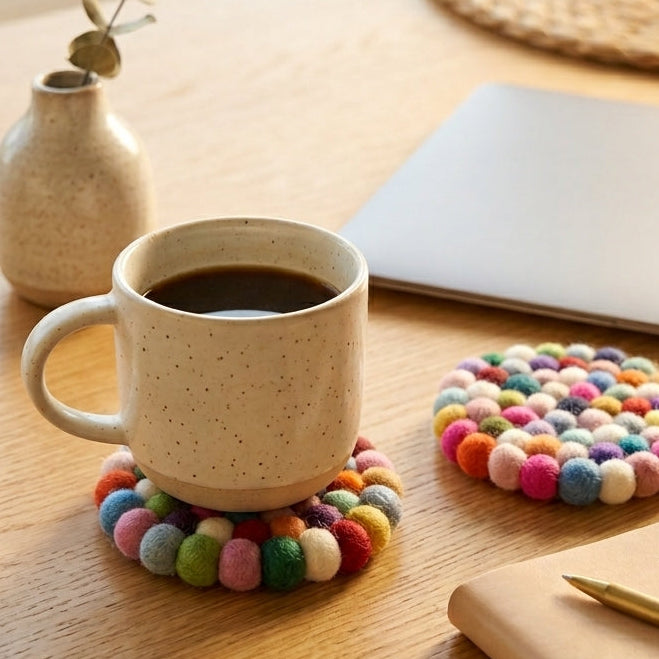Mug withConfetti Mix multi wool felt coasters handmade in Nepal, colourful absorbent non-scratch drink coasters for wooden tables, host gifts, housewarming gifts and stocking fillerson a wooden table with a laptop and notebook.