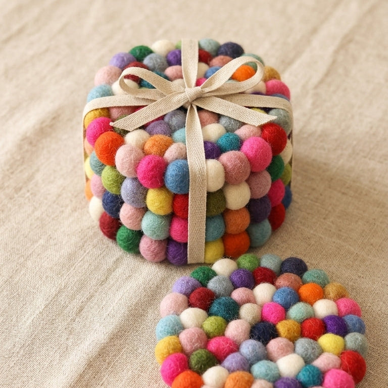 Confetti Mix multi wool felt coasters handmade in Nepal, colourful absorbent non-scratch drink coasters for wooden tables, host gifts, housewarming gifts and stocking fillers with a bow on a textured surface