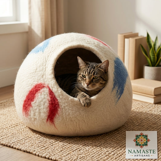 Cream Brushstroke Wool Cat Cave Bed