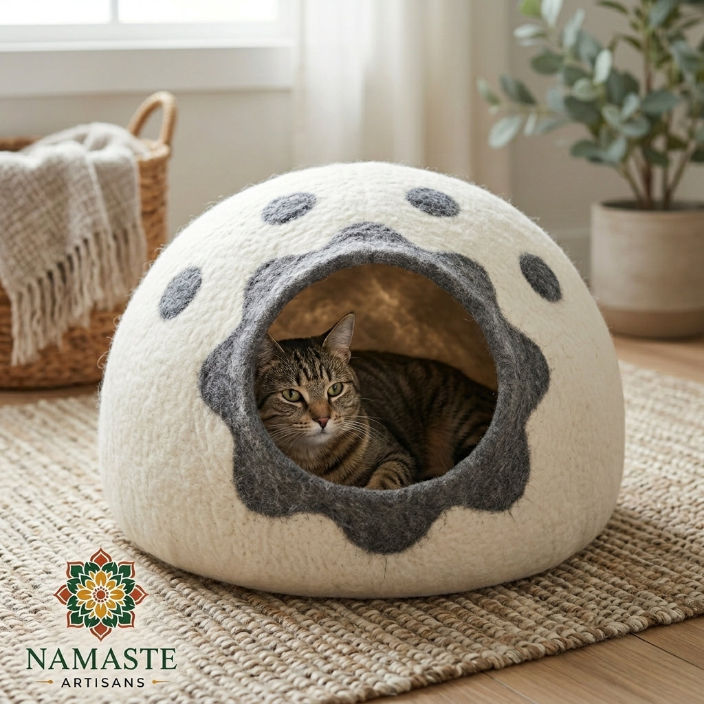 Lavender Paw Wool Cat Cave Bed