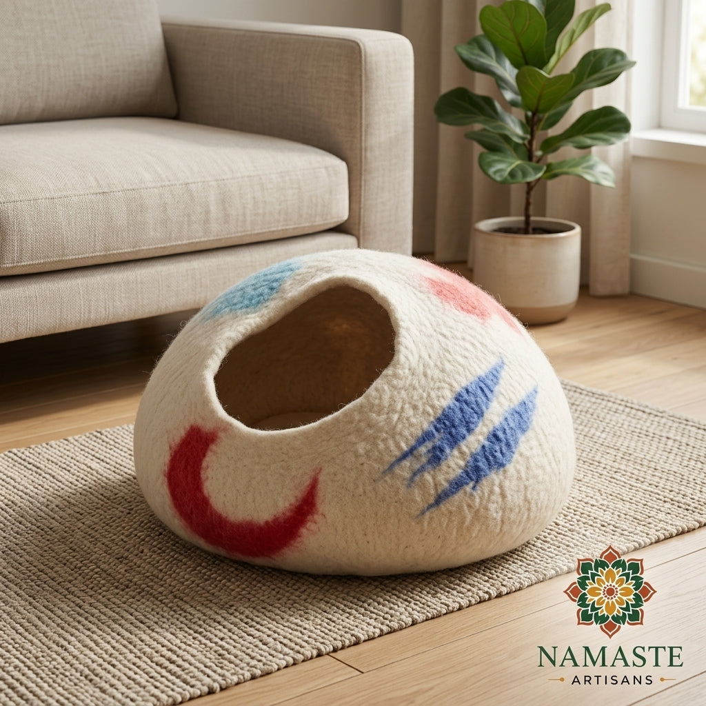 Cream Brushstroke Wool Cat Cave Bed