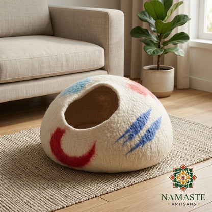 Cream Brushstroke Wool Cat Cave Bed