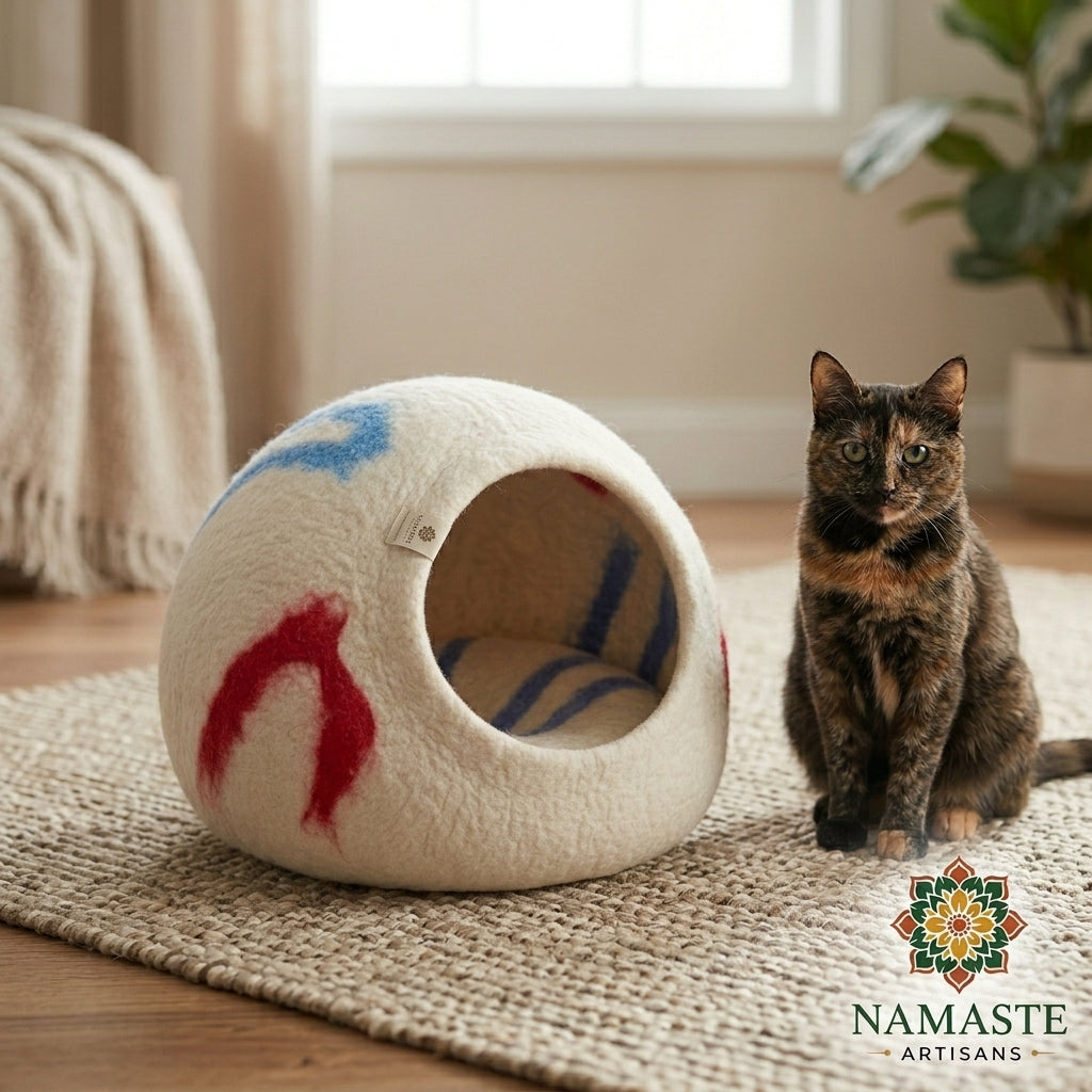 Cream Brushstroke Wool Cat Cave Bed