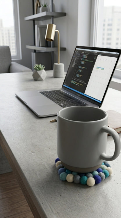 Gray mug with a Ocean Mix Blue wool felt coasters handmade in Nepal, coastal absorbent non-scratch drink coasters for wooden tables, coffee lover gifts, host gifts and new home buyers on a desk with a laptop in the background.