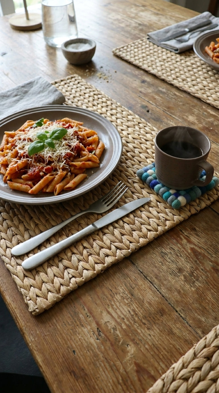 Plate of pasta with a cup on a woven placemat AND Ocean Mix Blue wool felt coasters handmade in Nepal, coastal absorbent non-scratch drink coasters for wooden tables, coffee lover gifts, host gifts and new home buyers a wooden table