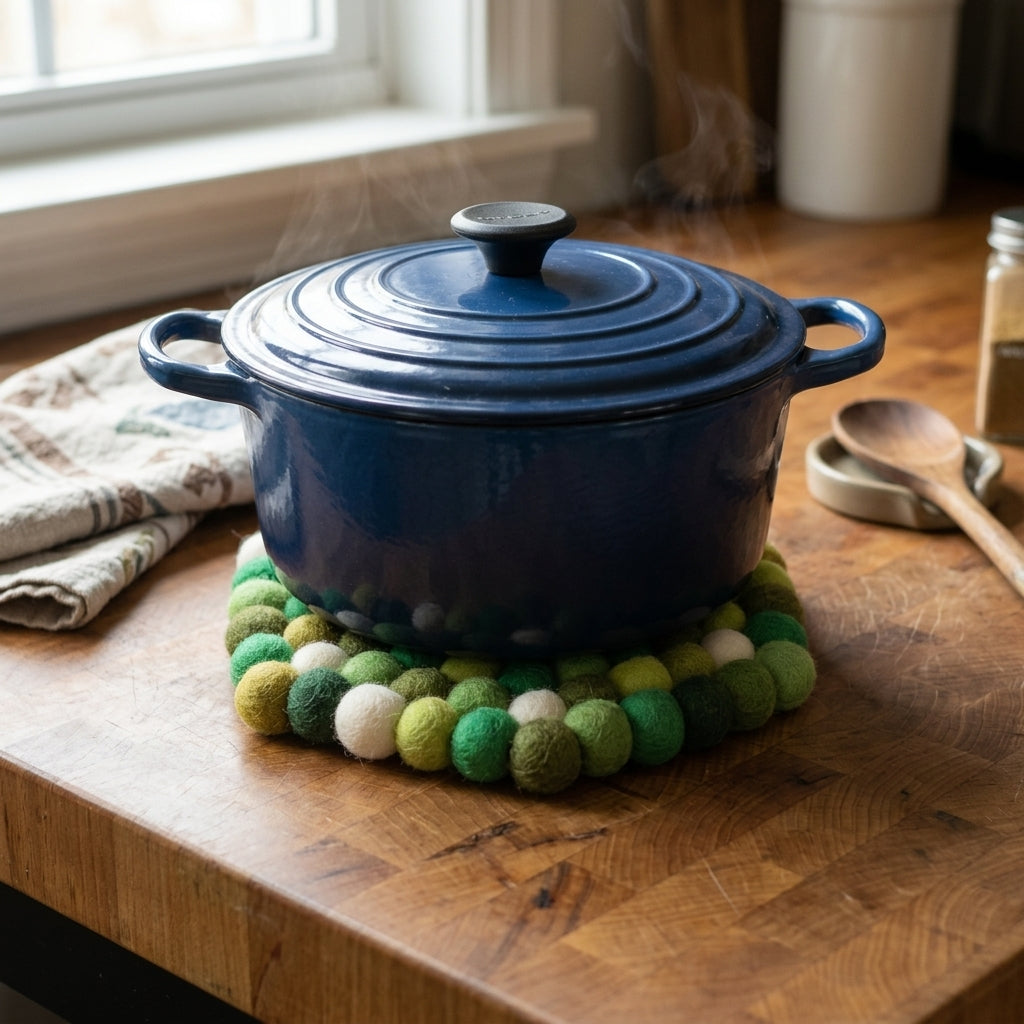 Blue enameled cast iron Dutch oven on a wooden surface with a trivet