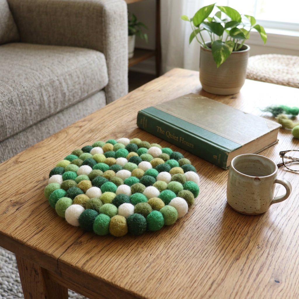 Green and white felt ball trivet on a wooden coffee table with a book and mug.
