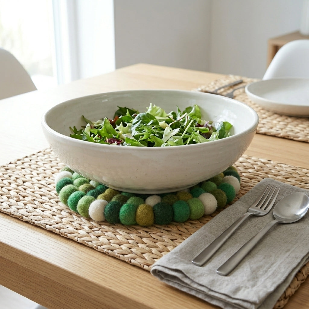 Bowl of salad on a woven placemat with cutlery and napkin on a wooden table.