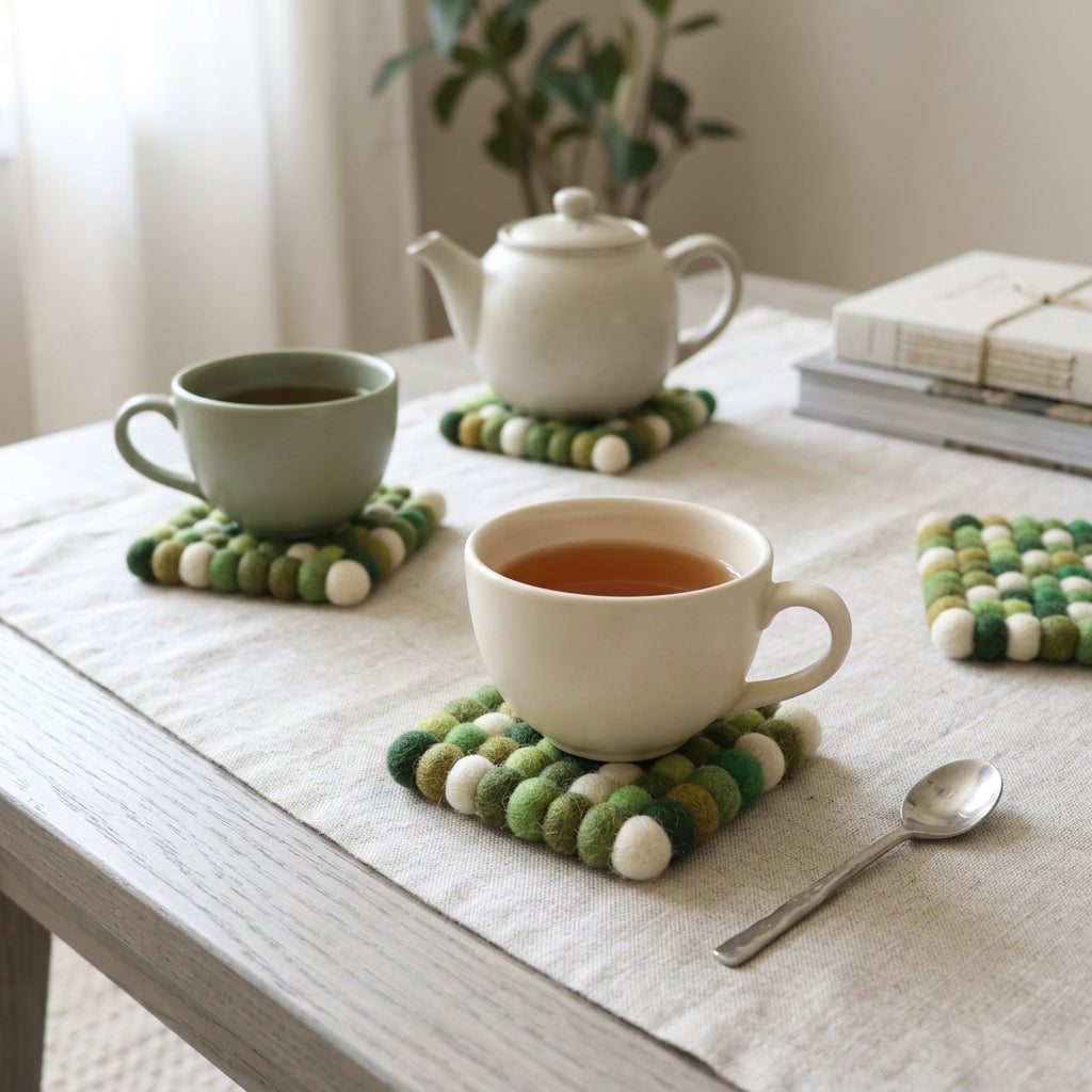 Tea set with cups, teapot, and Forest Mix Green wool felt coasters handmade in Nepal, botanical absorbent non-scratch drink coasters for wooden tables, plant lover gifts, host gifts and new home buyers on a table with a plant in the background.