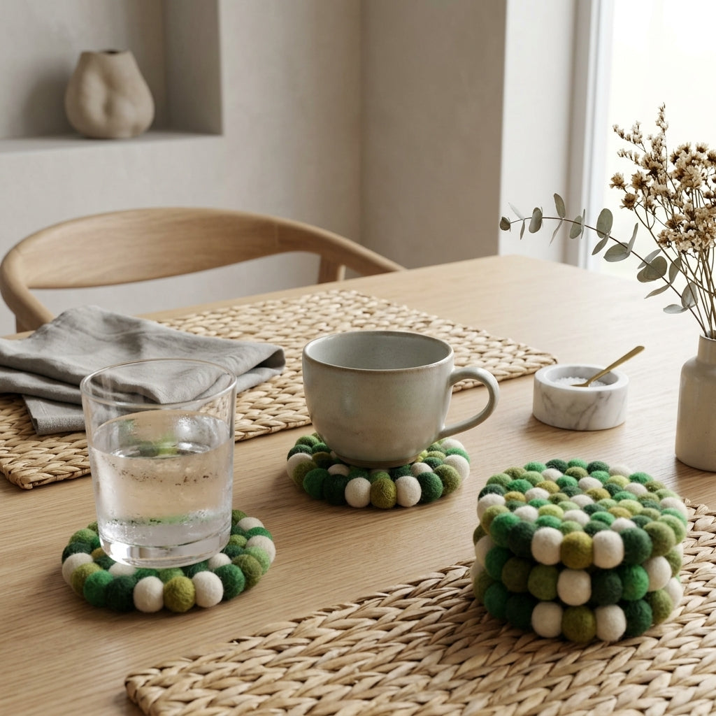 Table setting with Forest Mix Green wool felt coasters handmade in Nepal, botanical absorbent non-scratch drink coasters for wooden tables, plant lover gifts, host gifts and new home buyers on a wooden table.