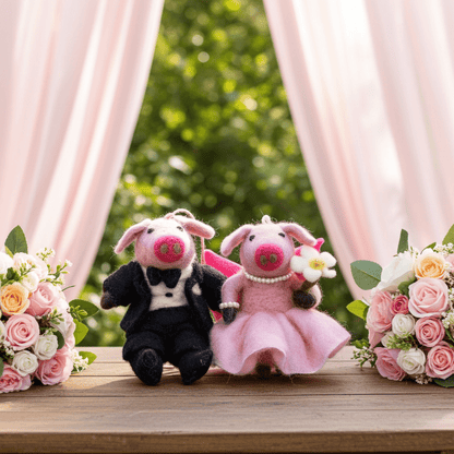 Hand - Stitched Wool Felt Pig Couple Ornaments (Bride & Groom Set)namaste artisans