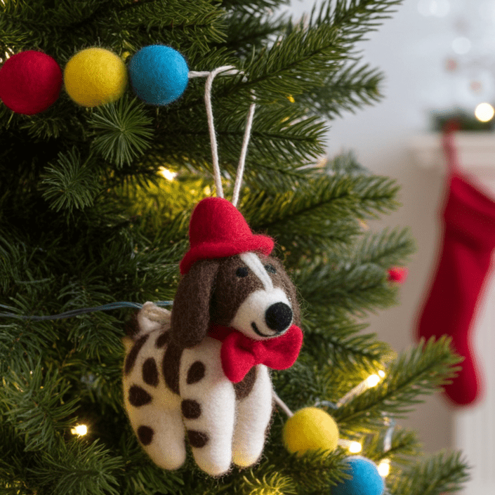 Hand - Stitched Wool Felt Spaniel Christmas Ornament (With Red Hat)namaste artisans