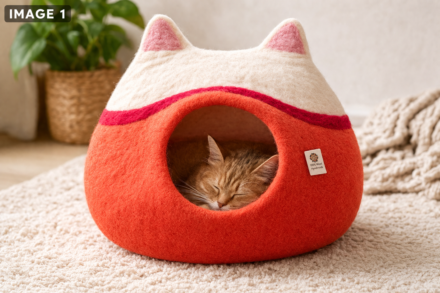 Cat sleeping in a red and white cat-shaped pet bed on a carpeted floor.