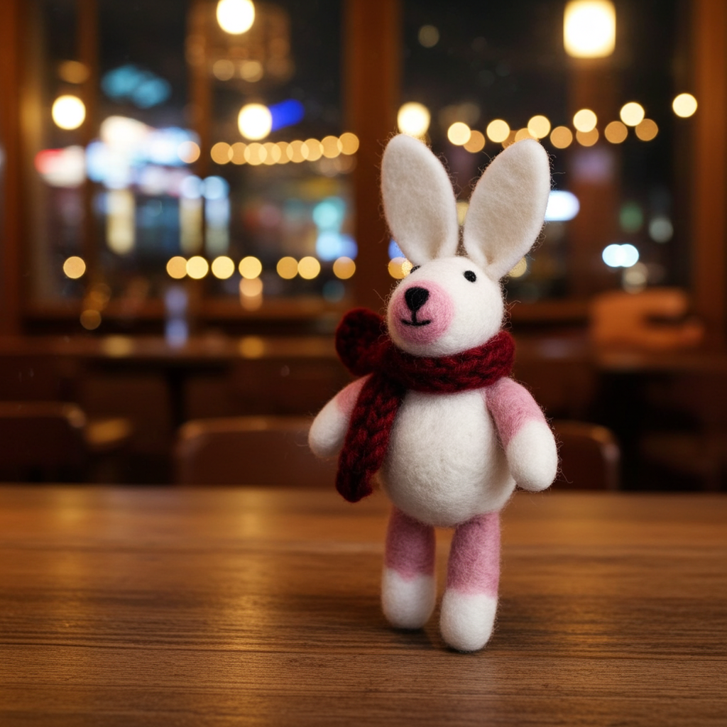 Hand-Stitched Wool Felt Bunny Ornament (White with Pink Ears)
