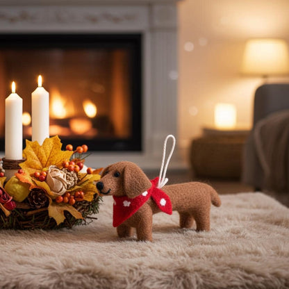 Handmade wool felt dachshund dog ornament with red collar next to a floral arrangement and candles in front of a fireplace.