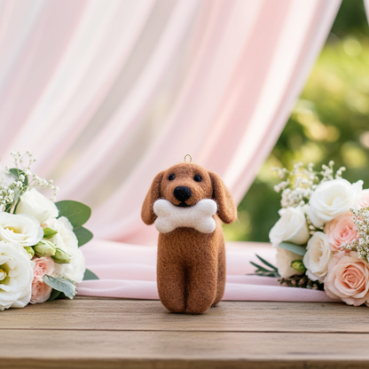 Handmade wool felt spaniel dog ornament with floppy ears with a bone in front of pink floral arrangements