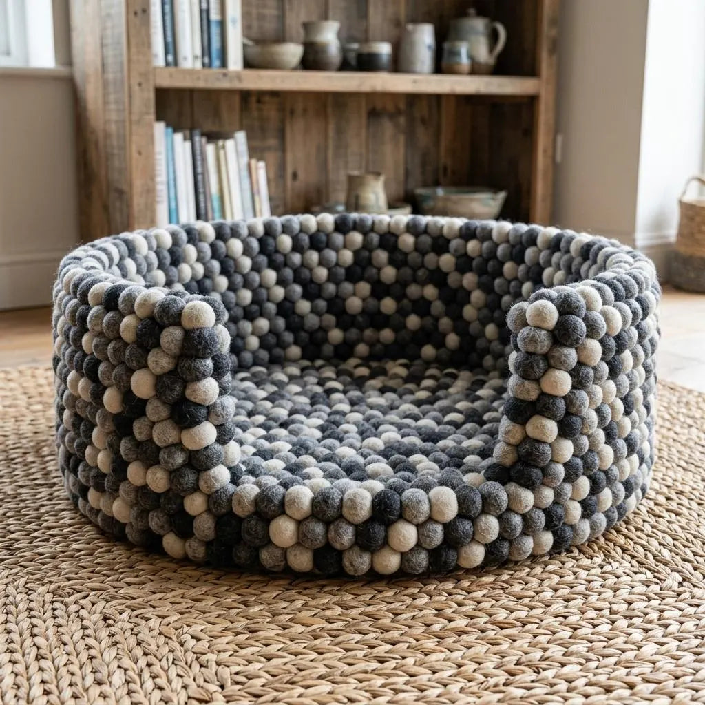 Monochrome handmade wool felt dog bed with grey cream and charcoal felt balls by Namaste Artisans