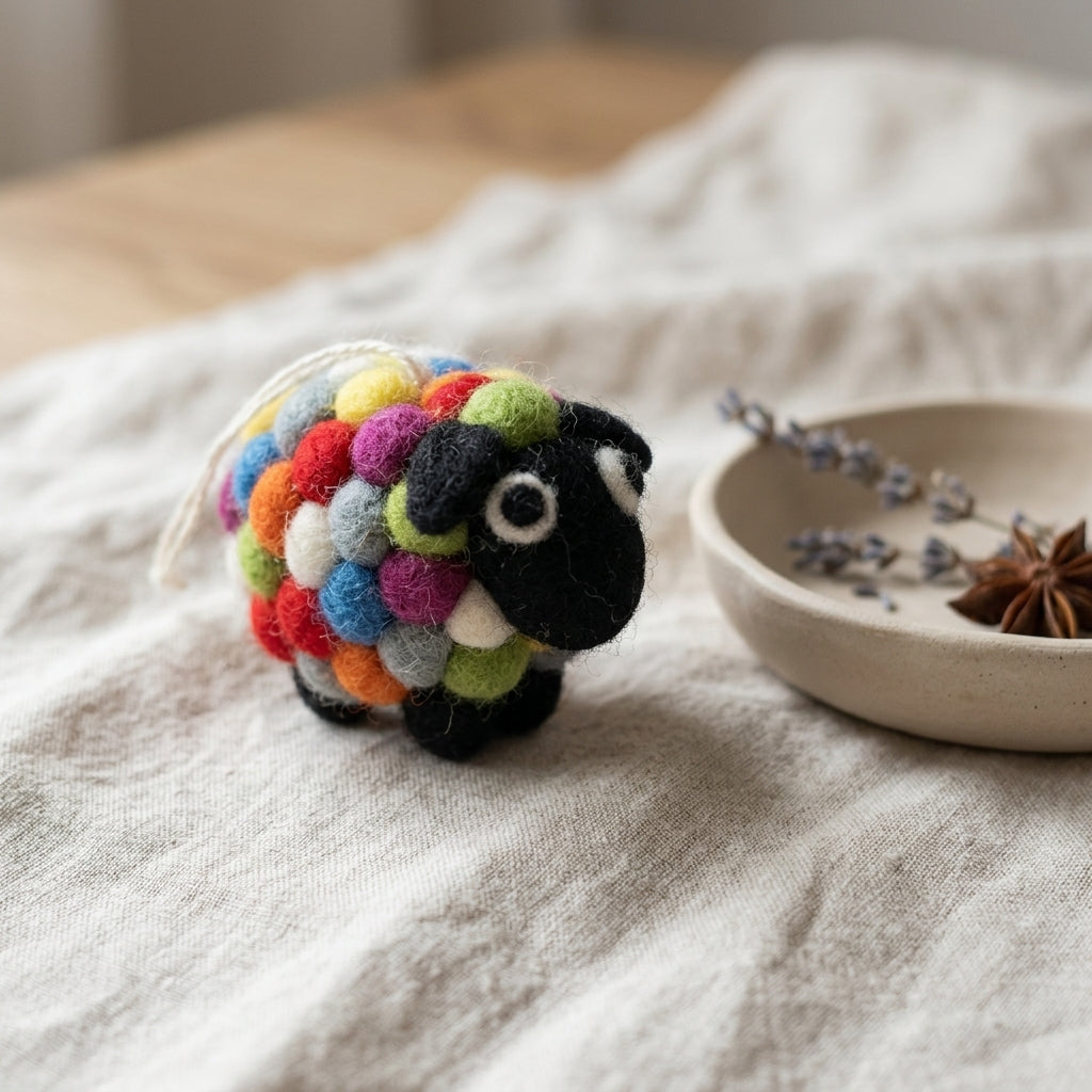 Handmade wool felt colourful sheep ornament on wooden surface on a textured surface with a small dish of lavender and star anise.