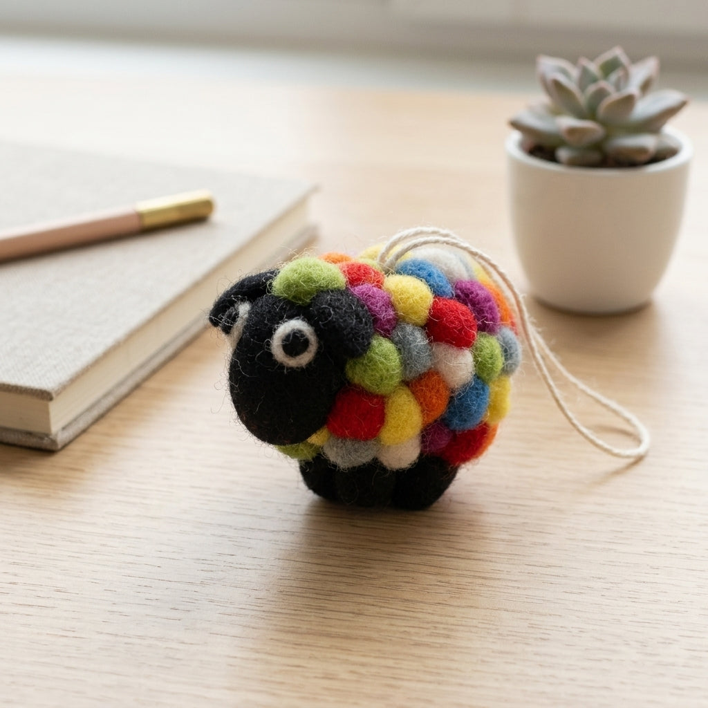 Wool felt colourful sheep ornament  on a wooden surface with a notebook and plant in the background