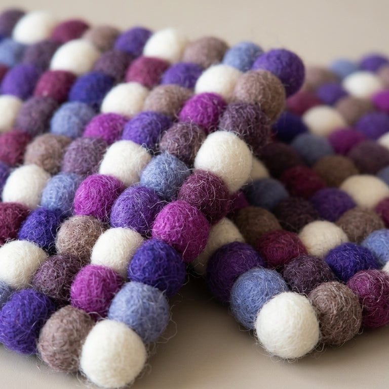 Plum Violet Purple wool felt coasters handmade in Nepal, jewel tone absorbent non-scratch drink coasters for wooden tables, tea lover gifts, host gifts and new home buyers on a plain background