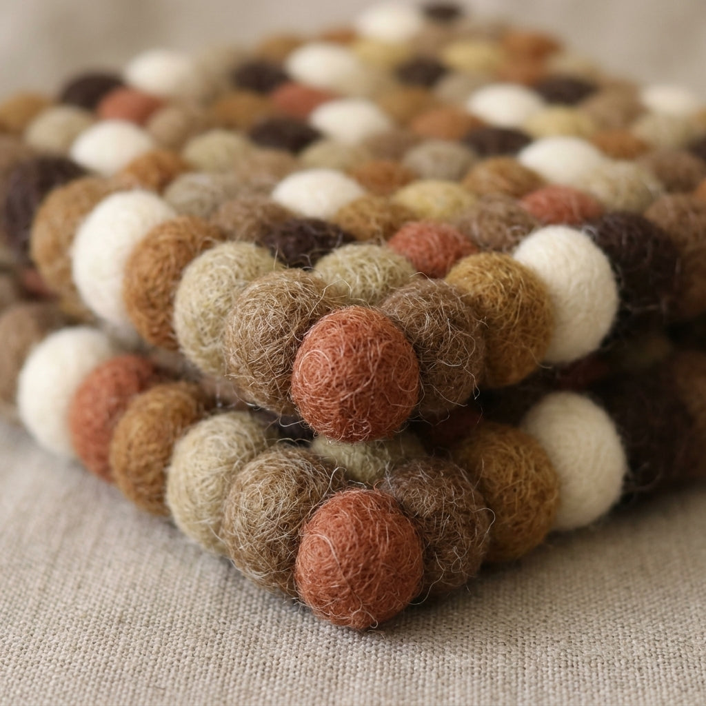 Stack of felted ball coasters with earthy tones on a textured surface