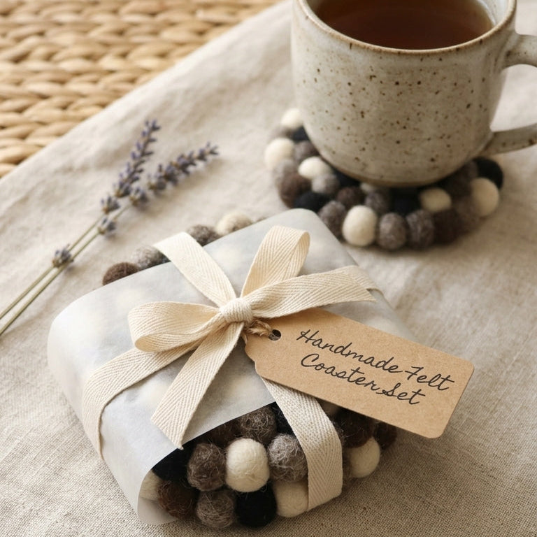 Set of handmadeMonochrome Pebble Black wool felt coasters handmade in Nepal, neutral absorbent non-scratch drink coasters for wooden tables, minimalist homes, host gifts and new home buyers with a mug of tea on a wooden table.