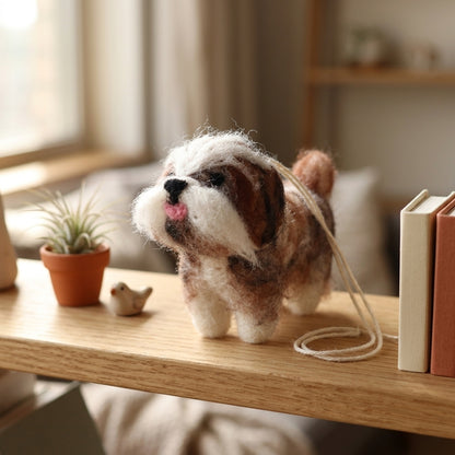 Handmade wool felt Shih Tzu dog ornament with hanging thread on a wooden surface with a cozy indoor background