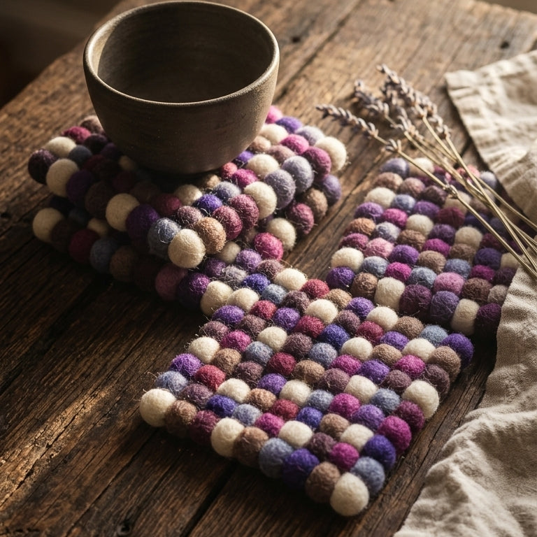 Plum Violet Purple wool felt coasters handmade in Nepal, jewel tone absorbent non-scratch drink coasters for wooden tables, tea lover gifts, host gifts and new home buyers on a wooden table with a ceramic mug.