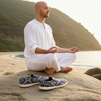Man meditating on a rock by the beach with a pair of mandala patterned biodegradable hemo 
shoes beside him.
