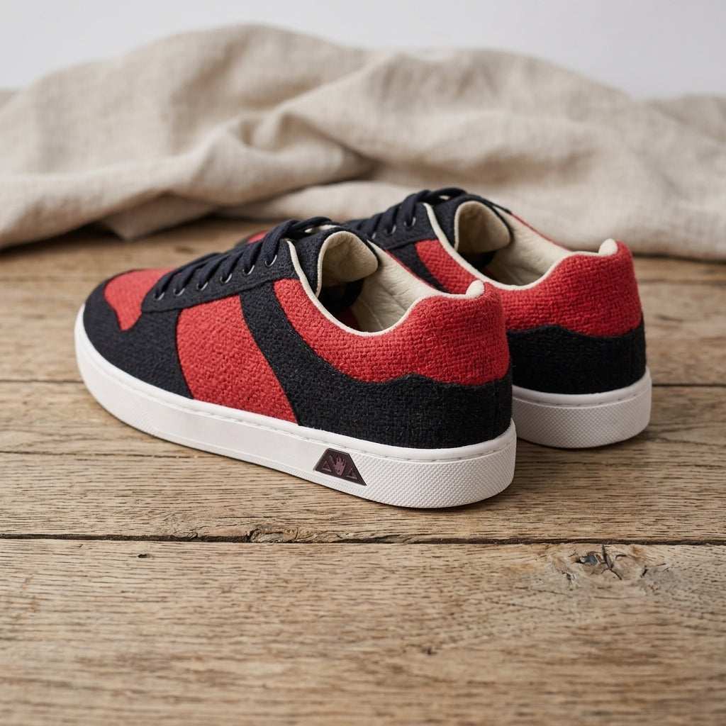 Black and red pure hemp sneakers with white rubber sole, eco friendly and boidegradable