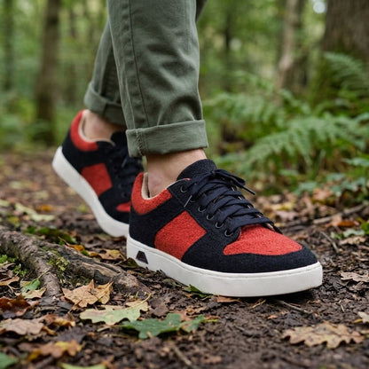 Black and red pure hemp sneakers with white rubber sole, eco friendly and boidegradable