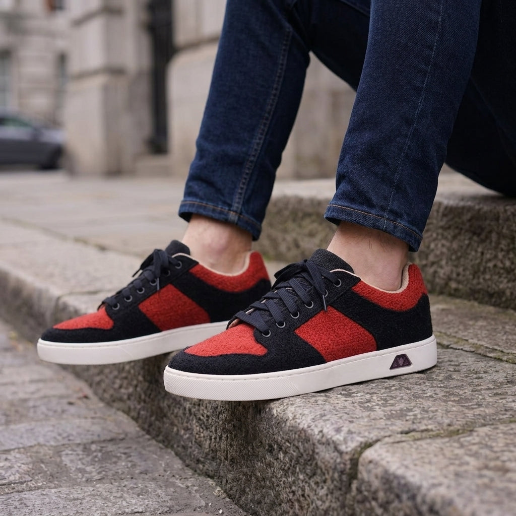 Black and red pure hemp sneakers with white rubber sole, eco friendly and boidegradable