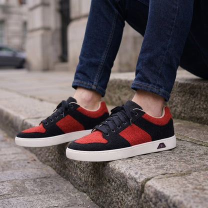 Black and red pure hemp sneakers with white rubber sole, eco friendly and boidegradable