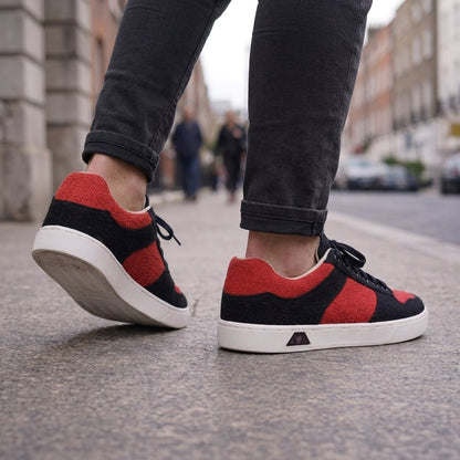 Black and red pure hemp sneakers with white rubber sole, eco friendly and boidegradable