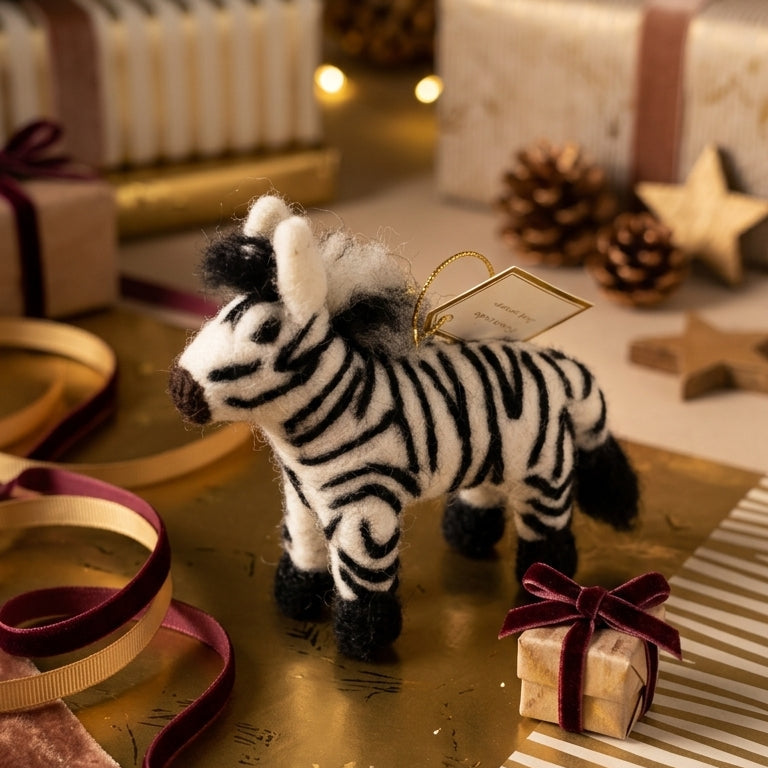  Handmade wool felt zebra ornament on a table with Christmas decorations and presents